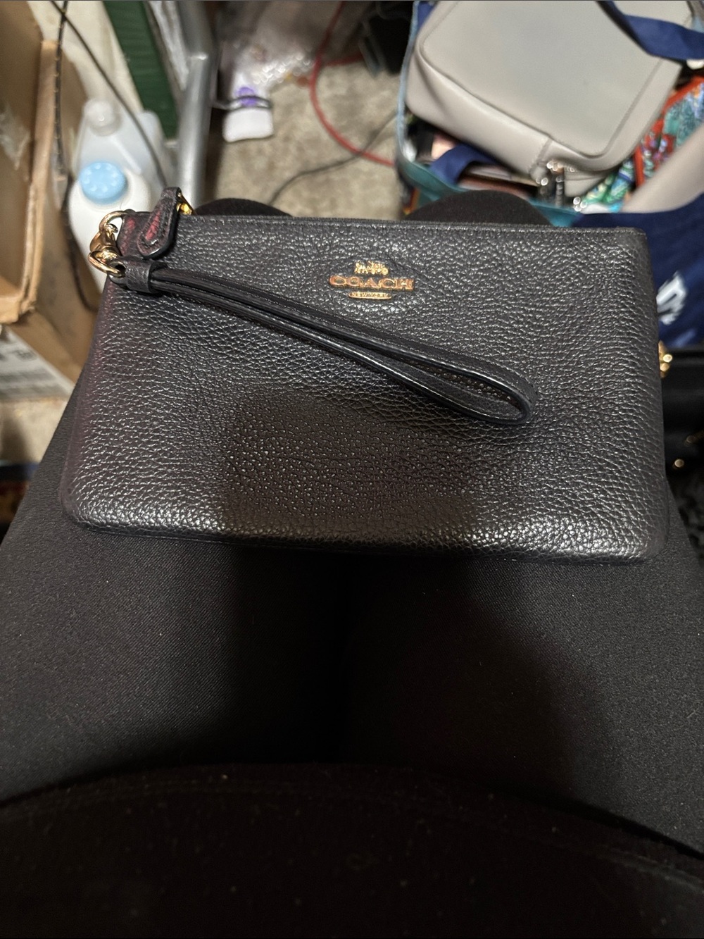 Coach Black Pebbled Leather Wristlet with Gold Logo